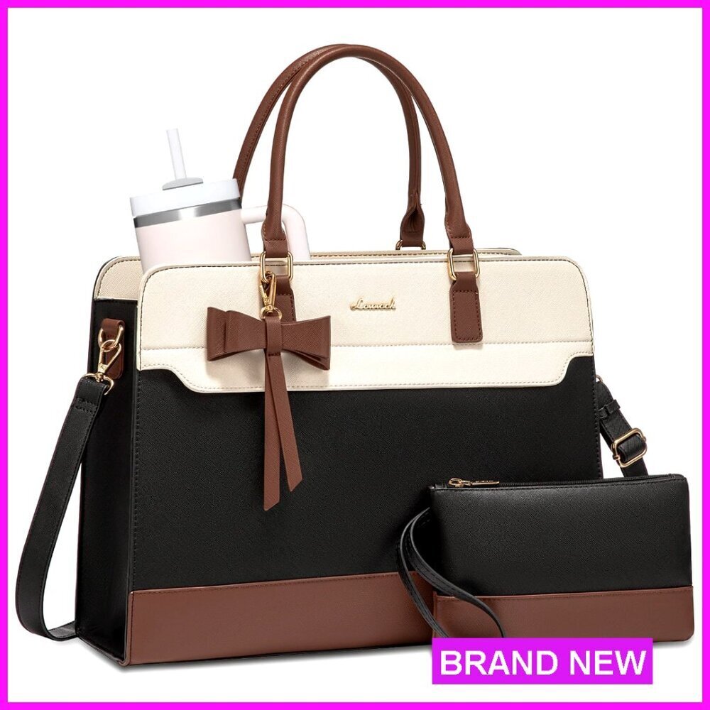 Leather Laptop Tote Bag for Women, Waterproof Work Briefcase with Adjustable